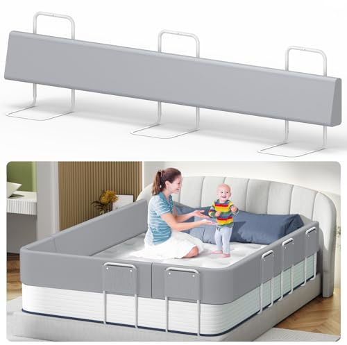 Kidsbuddy 300CM Rausfallschutz Bett，Bettgitter Rausfallschutz，Bettschutzgitter für Kinder,Höhenverstellbar,Einfache Montage,Babybettgitter Kinderbettgitter für Kinder mit Verstärktem Rahmen,1Pcs-Grau