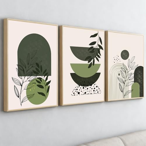 PWAAHDC salvia grön inramad väggkonst set med 3, boho abstrakta tryck för vardagsrum eller sovrum, beige grön geometrisk kanvas heminredning 40 x 60 cm (16 x 24 tum)