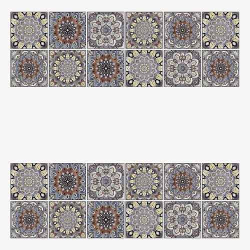 Fliesenaufkleber Vintage Braune Blume Selbstklebende Klebefliesen, Wandfliesen Aufkleber,Wasserdicht Fliesensticker Fur Kuche Badezimmer Dekorative Stickerfliesen,Wohnzimmer Dekoration15X15Cm