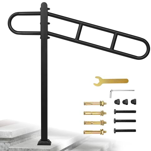 ybaymy Single Post Handrail for Outdoor, 29.3 - 8.1 L x 35.6 H Floor Mounted Wrought Iron Stair Railing, Black Metal U-Shaped Stair Railing for Porch, Garden, Yard, Indoor 1 to 3 Steps Stairs