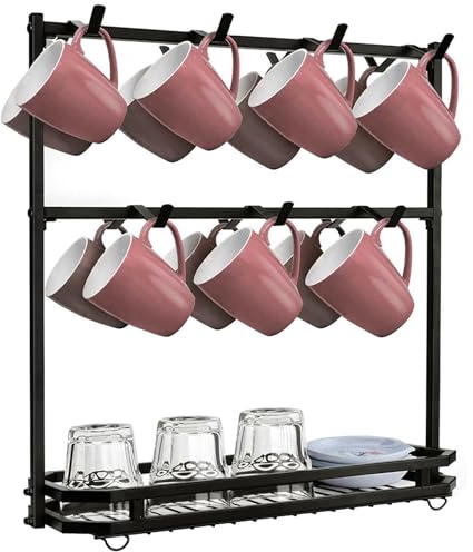 Sghtil portavasos de café, portavasos de mostrador - Portavasos portavasos de café de 2 niveles con 14 ganchos, portavasos con soporte para tazas de café, portaobjetos vintage para el