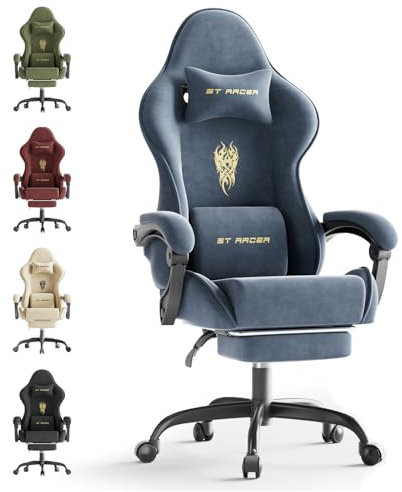 Ferghana Sedia Gaming, Sedia da gaming Ergonomica in Velluto，Sedia Gamer Massaggiante con Cuscino Lombare Massaggio，Poggiatesta，Poggiapiedi，Reclinabile，Professionale Sedia da Ufficio Gaming，Grigio