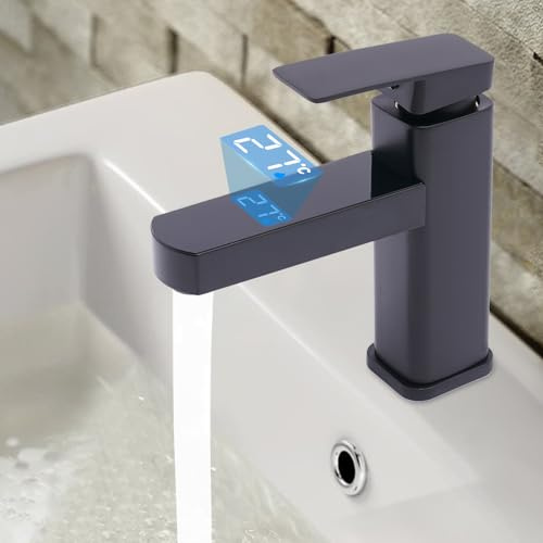 Rubinetti per lavabo, rubinetto per lavabo G1/2 con 2 tubi, miscelatore lavabo con indicatore digitale della temperatura a LED, rubinetto per lavabo, miscelatore monocomando (nero)