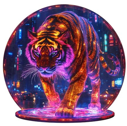 Blumuze Holzpuzzle Erwachsene, Cyberpunk-Tiger Holz Puzzle, Holzpuzzle Einzigartige Tierform Puzzleteile,Puzzles aus Tierteilen, Puzzle Holz Erwachsene mit Holzbox 100 Stück(S-21.5 * 20.9cm)