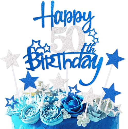 Royal Blue Silver Happy 50th Birthday Cake Toppers,50th Birthday Decorations for Men,Personalised Cake Topper Blue Silver Star Cake Toppers for Men Women Birthday Party Decorations Supplies
