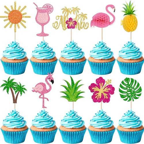 Xsstarmi 30 Stück tropische Cupcake-Topper, Glitzer, Flamingo, Hawaii, Luau, Aloha, Cupcake-Picks für Sommer, Strand, Hawaii, Babyparty, Geburtstagsparty, Kuchendekorationen
