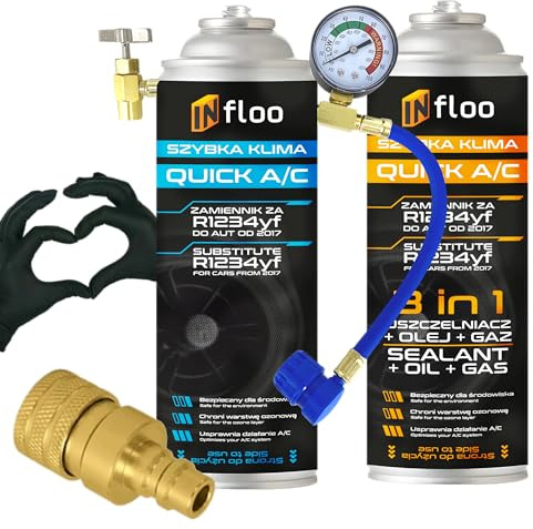 INfloo Quick A/C R1234yf Gas + 3-in-1 Dichtmittel + Schlauch mit Manometer + R1234yf Adapter + Handschuhe | Klimaanlagen-Set zum Befüllen & Abdichten