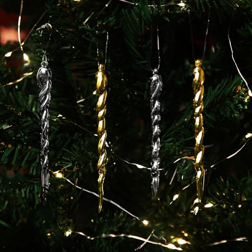 BERMRO 30pcs Acrylic Icicles Ornaments Golden/Silver Christmas Tree Decorations Winter Pendant Icicle Christmas Hanging Decoration for Christmas Tree DIY Decorations Pendant Bulk(Golden&Silver)