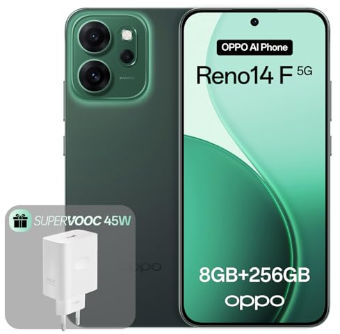 OPPO Reno14 F 5G 8+256Go, Smartphone Android Débloqué IA, Écran 6,57 120Hz AMOLED, Caméra AI 50+32MP, Batterie 6000mAh, Résistance à l'eau IP69, Luminous Green (Inclut Chargeur 45W SUPERVOOC)