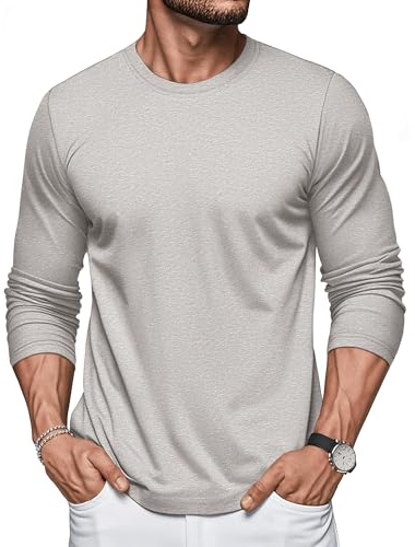 MAGCOMSEN Men's T-Shirts Autumn Crew Neck Cotton Plain Long Sleeve T Shirt Slim Fit Breathable Casual Work Tees Gym Sports Tops Beige,L