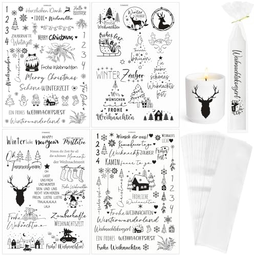 Kerzentattoos Weihnachten,4X Kerzen Sticker Kerzentatoos Wasserschiebefolie | Kerzentattoos mit 50 Taschenzubehör,Kerzen Aufkleber Weihnachten Sticker für Kerzens Keramik