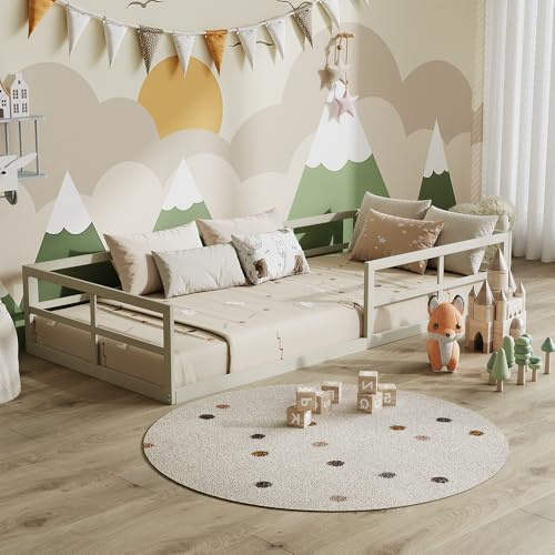 VitaliSpa Bodenbett Minno 90x200, Kinderbett aus Metall, Montessori Bett mit Rausfallschutz, niedrige Einstiegshöhe, Greige