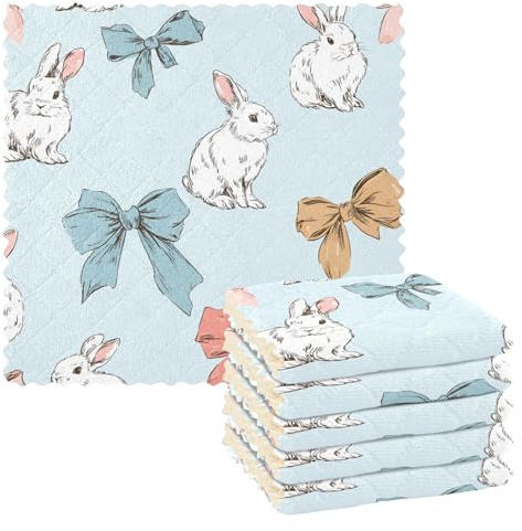 Mnsruu Microfibre Cleaning Cloths White Rabbit Bow Pattern Reusable Dish Cloths for Washing Up 6 Pack Swedish Dishcloth Microfibre Cleaning Towels Washable Duster Rags Cloth Home