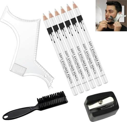 Wxinsheng Kit de Grooming pour la Barbe,6 Crayons Blancs de Coiffure,1 PCS Sculpter la Barbe,1 PCS Taille-Crayon,1 PCS Pochoir,pour Soins du Visage,Accessoires Pratiques de Barbier