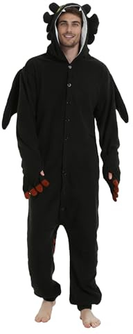 Guturris Unisex Adulti Pigiama Dragone Monopezzo Animale Costume di Halloween Festa Cosplay Anime Tuta da Notte Nero L