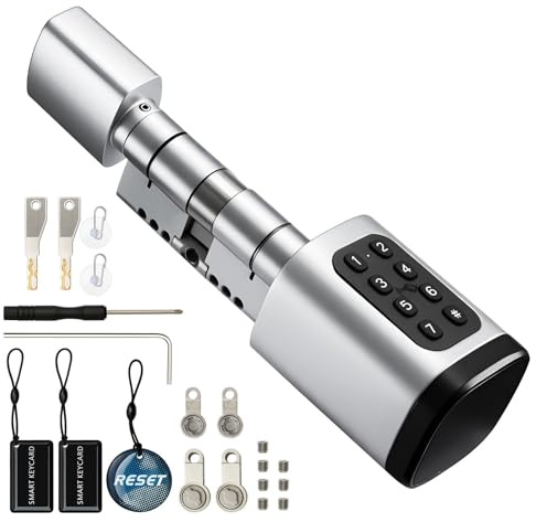 Smartes Türschloss Fingerabdruck mit Passwort & RFID, Elektronischer Schließzylinder 60–90 mm, APP & Schlüssel, Smart Lock für Haustür/Wohnung/Büro Fernbedienung, kompatibel mit EU-Standardzylinder