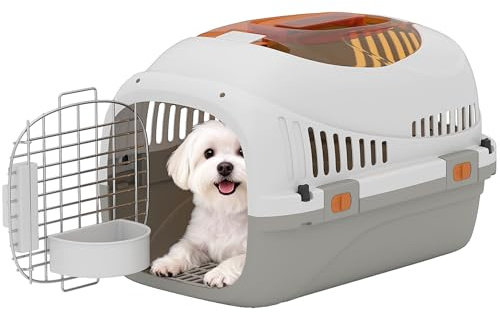 PawHut Trasportino per Gatti e Cani Piccoli in Plastica, Trasportino con Finestra Superiore, Porta in Acciaio, Ciotola per Cibo, per Animali max 4 kg, 49x32x31 cm, Grigio