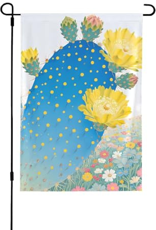 Drapeau de jardin double face avec cactus bleu et fleur jaune, 30,5 x 45,7 cm, drapeau d'extérieur pour porche, pendaison de crémaillère, décoration de vacances