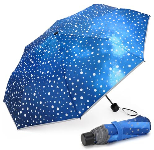 Regenschirm Kinder Reflektierend, Schulranzen Kinderschirm Ultraleicht, Kleiner, Sturmfester, Robuster, Wasserdichte Regenschirm Schulranzen Leicht mit Safety Reflektoren für Mädchen Jungen-Galaxie