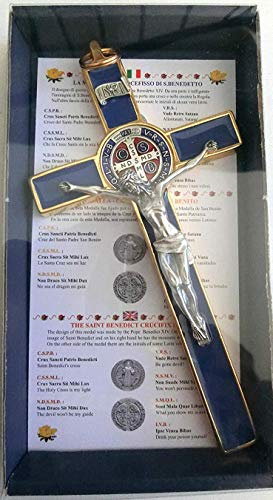 10.004.21 BLU CROCE ORO BLUE SAN BENEDETTO 20 CM SMALTATA CON SCATOLA BOX GIFT SAINT BENEDICT ESORCISMO PRETE ESORCISTA SACERDOTE SUORA CHIESA