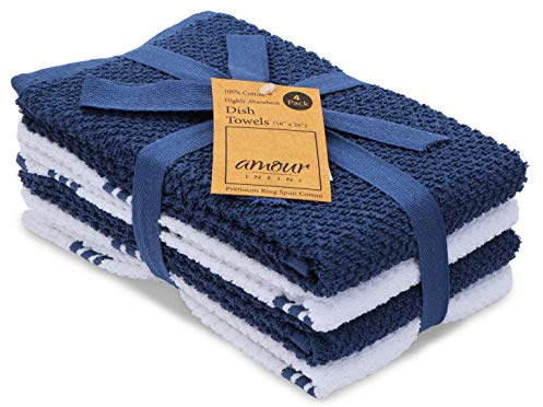AMOUR INFINI Kitchen Towels Pack of 4 - Absorbent, Quick Drying Premium Cotton Tea Towel - Kitchen Linens 16x28 Inch Dish Towels with Hanging Loop (Blue)