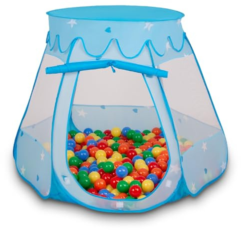 Selonis Lektält, 105 x 90 cm/100 bollar, slott, hus, pop-up, bollhav, plastbollar för barn, blå: gul-grön-blå-röd-orange