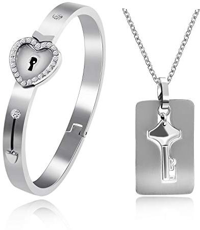 Uloveido Matching Key Pendant Necklace and Lock Bangle Bracelet Set for Couples Women and Men Y474 (White)