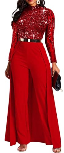 VERWIN Damen-Overall, Patchwork-Overlay, Pailletten, verziert, hohe Taille, langarm
