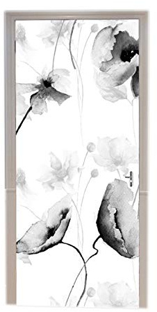 A.Monamour Adesivo Porta Autoadesiva Fiori Ad Acquerello Floreale Monocromatico Sfondo Bianco E Nero Vinile PVC Adesivi per Porte Interne 3D Pellicola Adesiva Poster Sticker Murale Decorazione