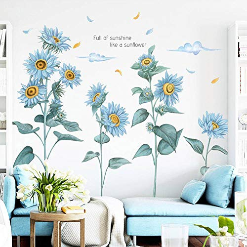 WandSticker4U®- Wandtattoo Blumen blau SONNENBLUMEN (96x76 cm) I Vintage Wandsticker Blumen groß Pflanzen Blätter Frühling I Wanddeko Wohnzimmer Schlafzimmer Kinderzimmer Badezimmer Küche Flur XXL