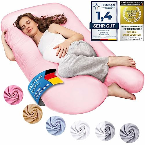 SMOOTHY Schwangerschaftskissen, Seitenschläferkissen, Lagerungskissen, Baby-Kissen & Stillkissen in U-Form mit abnehmbarem & waschbarem Bezug aus 100% Baumwolle (Junior XL, 120 x 70 cm, Pink)