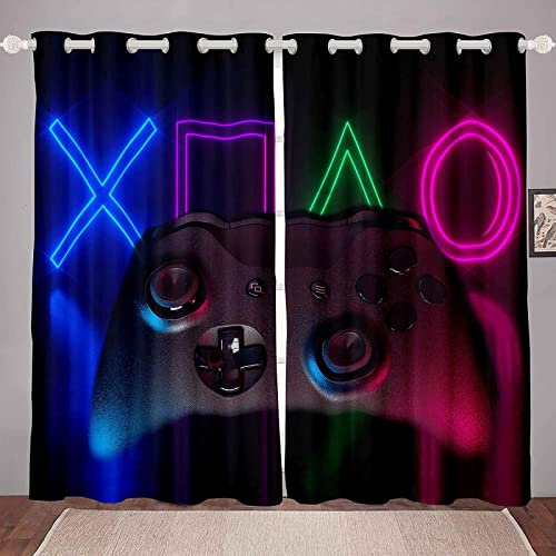 LKCD Lot De 2 Rideau Occultant Vidéo De La Manette De Jeu Lightning du Joueur 200X214Cm Isolant Thermique 3D Impression Décoration Salon Rideau Isolant Phonique pour Chambre Enfant