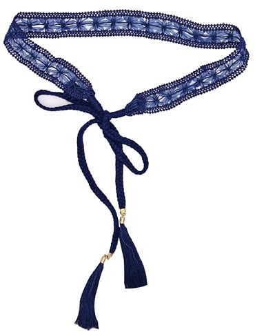 Caatoor Women Girls Braided Knotted Waist Belt Skinny Mixed Color Rope Exotic Chain Tassel for Dress Skirt (Navy Lace)