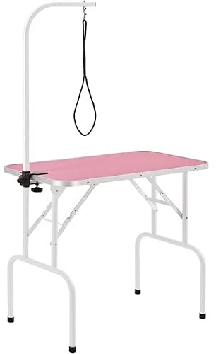 Yaheetech Mesa de Peluqueria Canina Plegable Mesa Peluqueria Canina Mesa de Aseo para Perro Mascotas Antideslizante Carga 100Kg Altura Regulable Rosa
