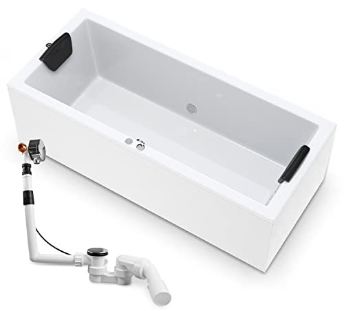 AQUADE Whirlpool Badewanne Wolfsburg Basic 180x90 cm mit LED Whirlpool Beleuchtung, Badewannen Ablaufgarnitur und Überlaufgarnitur mit Zulauf & Badekissen für Badewanne Whirlpool
