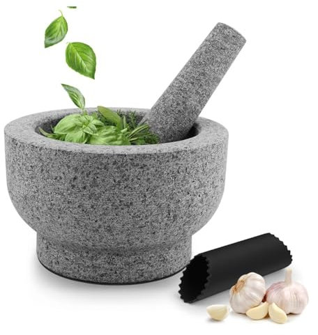 Flexzion Granit Mörser und Stößel Set, 4 Tassen Groß Mörser und Stößel Molcajete Schüssel Steinmühle Schüssel Stößel und Schüssel mit Knoblauchschäler und Antirutschmatte für Guacamole, Gewürze, Grau
