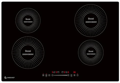 AMZCHEF Electric Cooktop 30 Inch with 4 BOOST Burners Bulid-in Induction Cooktop, 220V-240V/7200W 9 Levels Stove Control by Slide Touch, Child Safety Lock, Pause,Timer and Overheat Protection, No plug