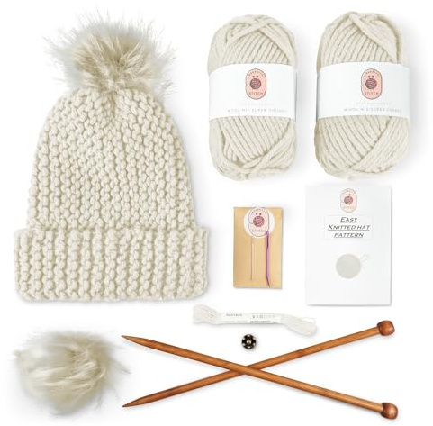 Stricksets für Anfänger und Erwachsene, praktisches und einfach zu verwendendes Mützen-Strickset mit Garn, Bambus-Stricknadeln, Kunst-Pom-Pom, komplettes Anfänger-Strickset, schönes Geschenk für