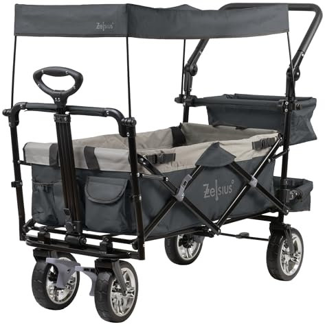 Carrello pieghevole Zelsius con tetto | grigio | carrello da trasporto con sistema a cinghie | carrello a mano, carrello da spiaggia, carrello per attrezzature