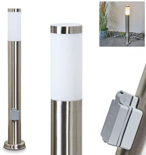 HOFSTEIN Wegeleuchte Sessa, Außenwegeleuchte mit Steckdose aus Metall/Kunststoff in Nickel-matt/Weiß, moderne Außenleuchte für Garten, Außenbereich, Hof, Terrasse, Höhe 80 cm, E27, IP44