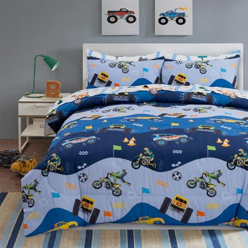A Nice Night 5-teiliges Bett in einer Tasche, Cartoon-Cartoon-Auto, Kinder-Bettwäsche-Set, Rennwagen, Motorrad, LKW, Pickup, bedruckt, Doppelbett, Dunkelblau