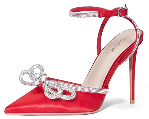 Zhabtuc dam stilett höga klackar med strass rosett sexig spets stängda tår rosett satin pumps med stilettklack eleganta ankelremmar hög klack sandaler för fest bröllop brud 10 cm, röd, 41 EU