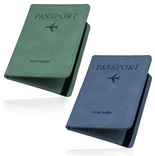 Passport Holder Cover, 2PCS Passport Holder with RFID Blocking, Passport Holder Travel Wallet, Travel Document Holder, Soft PU Leather Passport Holder for Credit Cards Boarding Passes (Blue & Green)