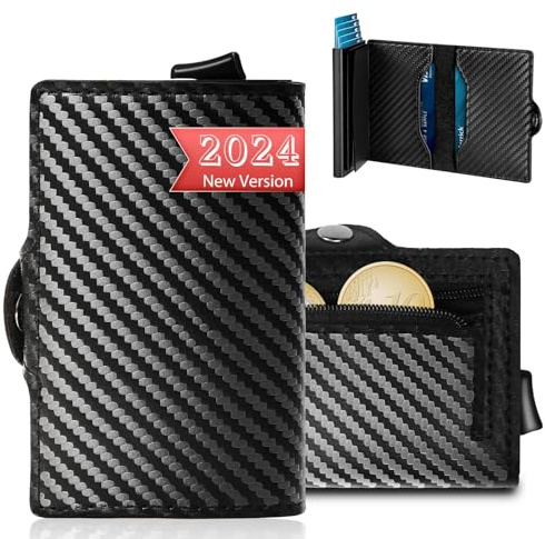 MegiaExist Geldbörse Herren,Kartenetui mit RFID Schutz Kartenetui für 6-8 Karten Portmonee Herren mit Münzfach Schwarz Slim Wallet Geldbeutel mit Geschenkbox Kleine Karbonfaser Kreditkartenetui