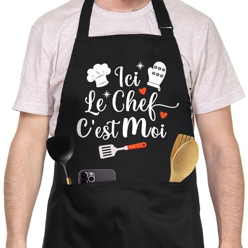 FUKPO Küchenschürze für Herren, personalisierbar, schwarz, verstellbar, Humor, lustig, Grill, BBQ, professionelle Kochschürze, Baumwolle, Geschenk zum Vatertag, Valentinstag, Weihnachten, Papa