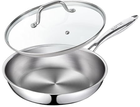 SLOTTET Sartén de acero inoxidable de tres capas de 11.5 pulgadas con tapa, sartén sin revestimiento, con mango que se mantiene fresco para cocinar, apto para lavavajillas y horno, sartenes de