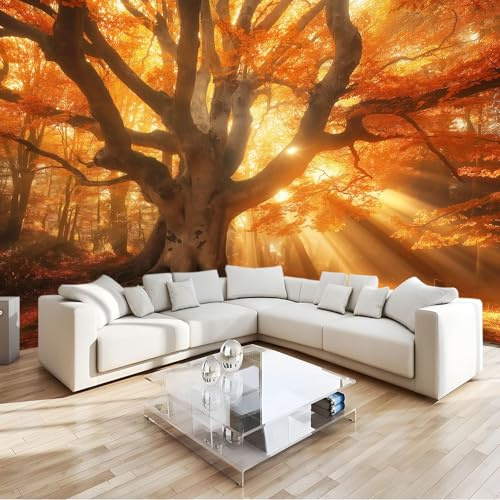 Fototapete 3D Effekt Herbst Natur Wald Bäume Orange 400x280 cm Vliestapete Wohnzimmer Schlafzimmer Vlies Tapete Art Wandtapete UV-Beständig Wanddekoration Tapete