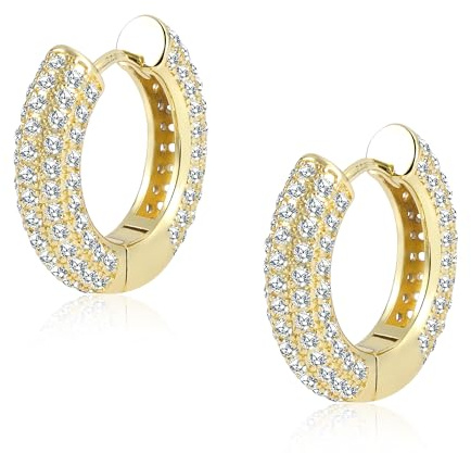 ALEXCRAFT Pendientes de aro dorados con Zirconia cúbica, 20mm, Oro 14K, Cierre de presión, Aros Mujer