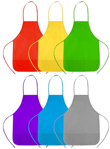 CHRORINE 6 Pack Multicolor Kids Painting Apron Bulk Toddler Art Aprons for Kids Paint Apron Smock with 2 Pockets for Painting Cooking Craft Home Kitchen Activity