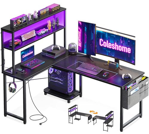Coleshome Gaming Tisch L Form mit LED & Steckdosen, 135 × 100 cm Reversibel Gaming Schreibtisch mit Ablageregalen, Eckschreibtisch mit Aufbewahrungstasche für Homeoffice und Gaming, Schwarz